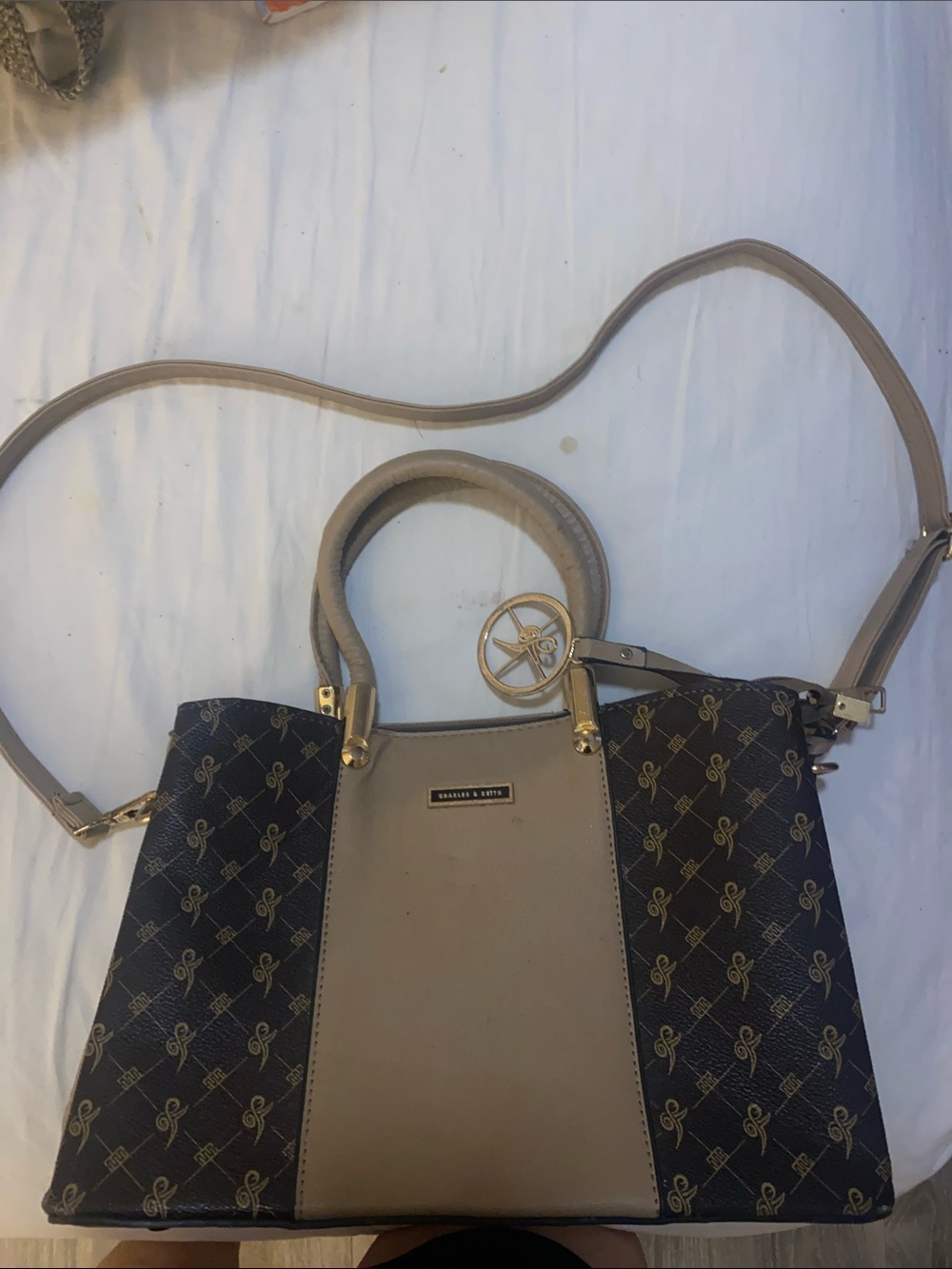 Charles & Keith Beige and Dark Brown Monogram Satchel